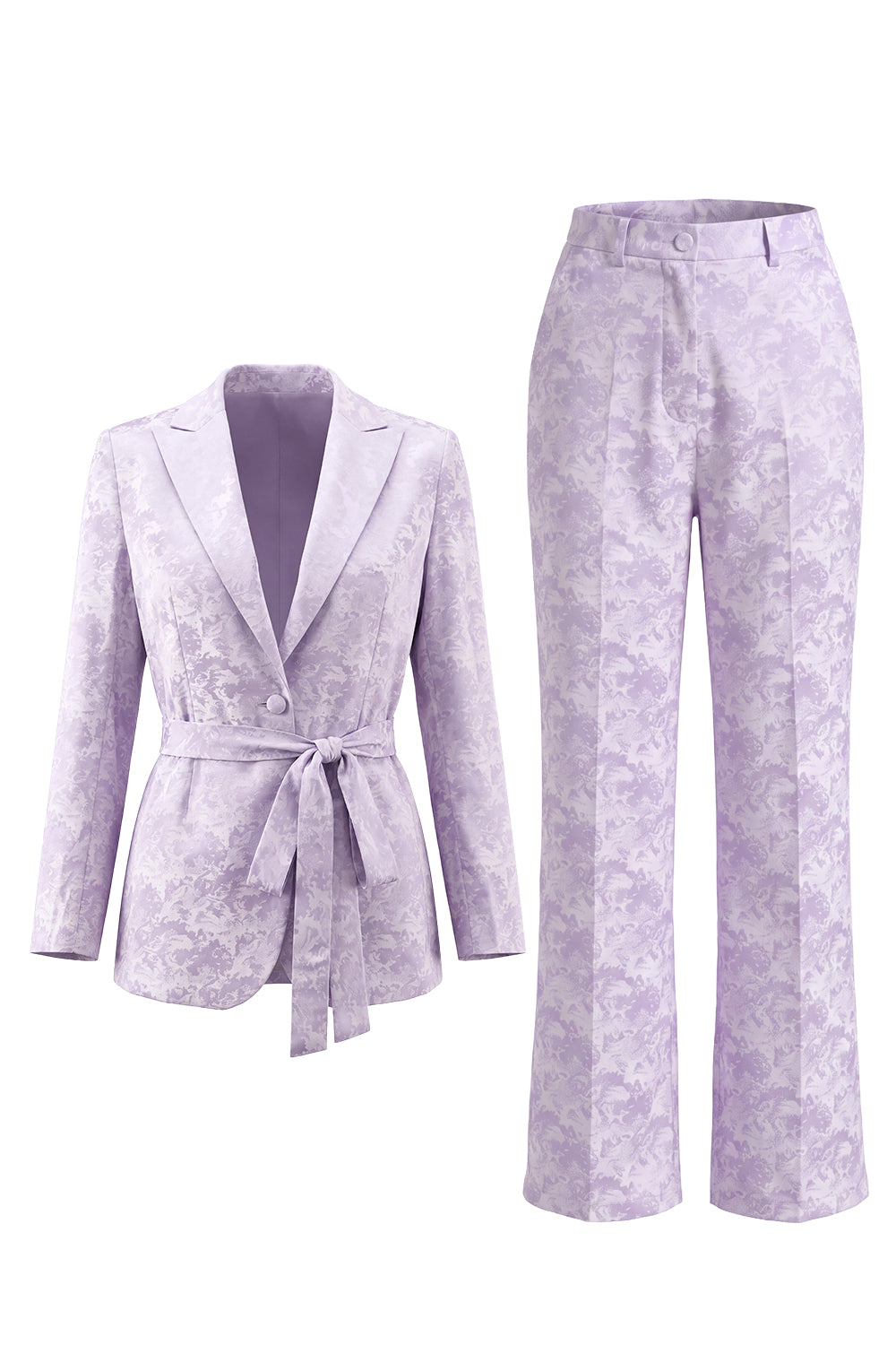 Floral Single Breasted Lilac 2 Piece Peak Lapel Wide Leg Prom Suits with Belt