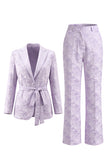 Floral Single Breasted Lilac 2 Piece Peak Lapel Wide Leg Prom Suits with Belt