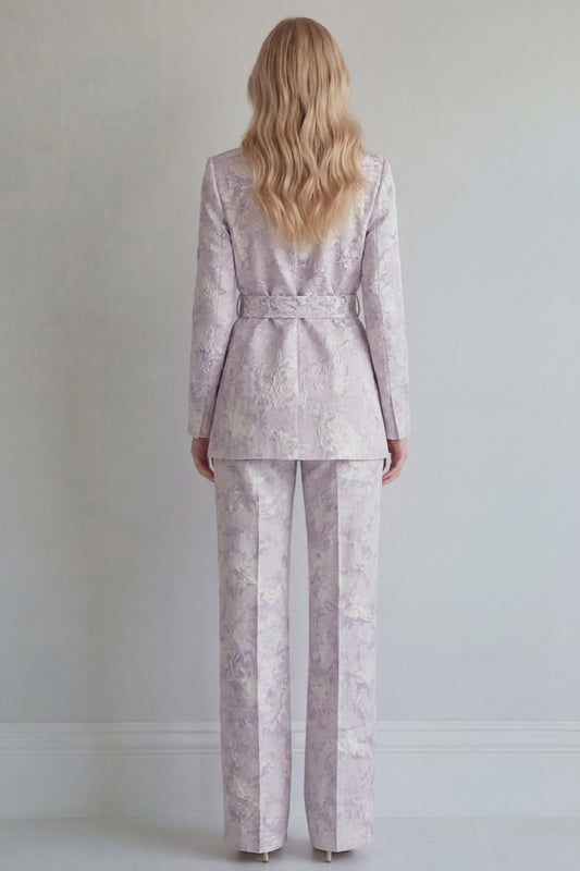 Floral Single Breasted Lilac 2 Piece Peak Lapel Wide Leg Prom Suits with Belt