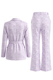 Floral Single Breasted Lilac 2 Piece Peak Lapel Wide Leg Prom Suits with Belt