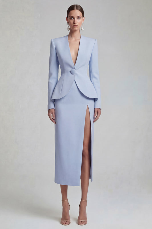Single Breasted Blue 2 Piece Shawl Lapel Wide Leg Business Suits with Slit
