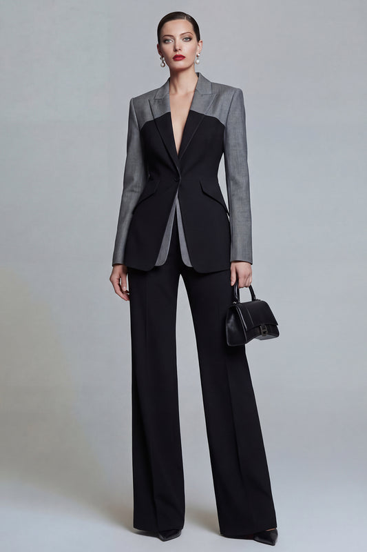 Black Single Breasted 2 Piece Peak Lapel Pacthwork Slim Fit Prom Suits