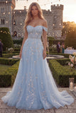 Sparkly Blush Floral A Line Off the Shoulder Beaded Long Corset Prom Dress