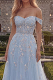 Sparkly Blush Floral A Line Off the Shoulder Beaded Long Corset Prom Dress