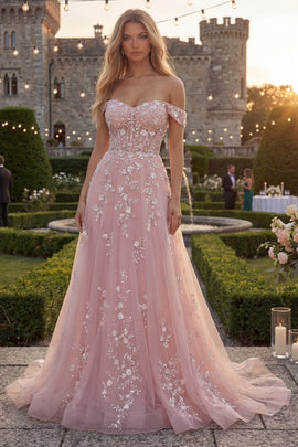 Floral Sparkly Blush Long Corset Prom Dress with Beading Off the Shoulder Tulle A Line Pageant Dress