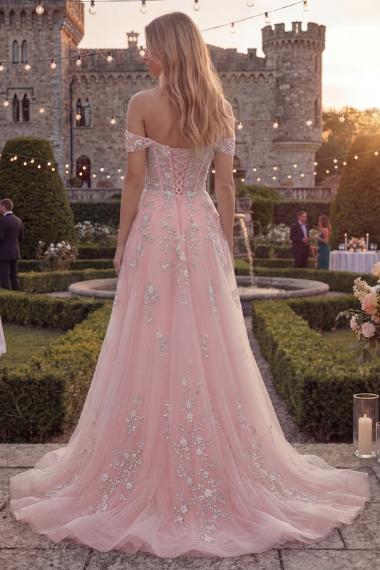 Sparkly Blush Floral A Line Off the Shoulder Beaded Long Corset Prom Dress