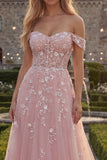 Sparkly Blush Floral A Line Off the Shoulder Beaded Long Corset Prom Dress