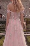 Sparkly Blush Floral A Line Off the Shoulder Beaded Long Corset Prom Dress