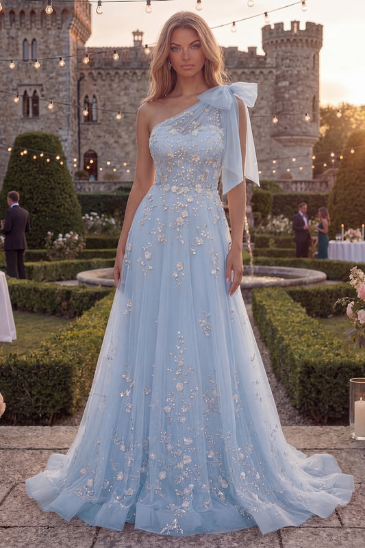 Floral Sparkly Blue A Line Beaded Long Prom Dress with Bow