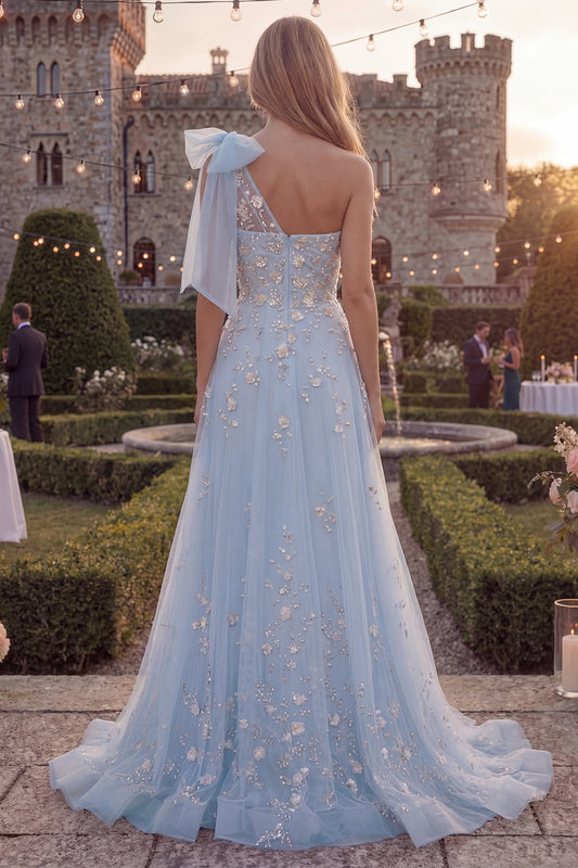 Floral Sparkly Blue A Line Beaded Long Prom Dress with Bow