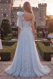 Floral Sparkly Blue A Line Beaded Long Prom Dress with Bow