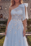 Floral Sparkly Blue A Line Beaded Long Prom Dress with Bow