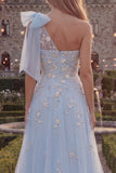 Floral Sparkly Blue A Line Beaded Long Prom Dress with Bow