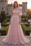 Floral Sparkly Blue A Line Beaded Long Prom Dress with Bow