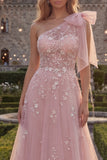 Floral Sparkly Blue A Line Beaded Long Prom Dress with Bow