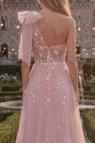 Floral Sparkly Blue A Line Beaded Long Prom Dress with Bow