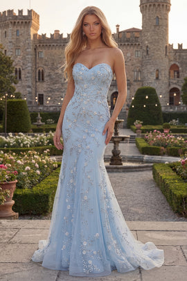 Sparkly Blue Floral Mermaid Strapless Beaded Long Prom Dress