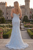 Sparkly Blue Floral Mermaid Strapless Beaded Long Prom Dress