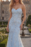 Sparkly Blue Floral Mermaid Strapless Beaded Long Prom Dress