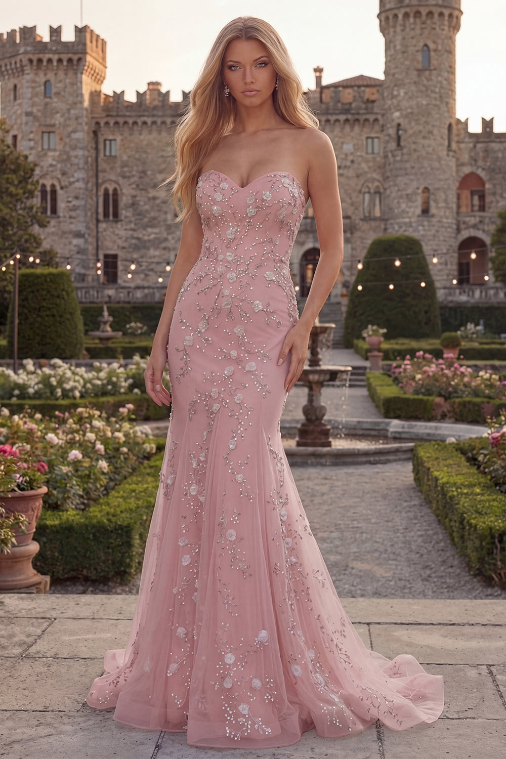 Sparkly Blue Floral Mermaid Strapless Beaded Long Prom Dress