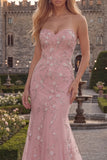 Sparkly Blue Floral Mermaid Strapless Beaded Long Prom Dress