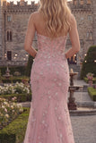 Sparkly Blue Floral Mermaid Strapless Beaded Long Prom Dress