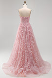 Strapless Sparkly Blue Floral A Line Beaded Long Prom Dress