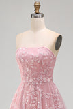 Strapless Sparkly Blue Floral A Line Beaded Long Prom Dress