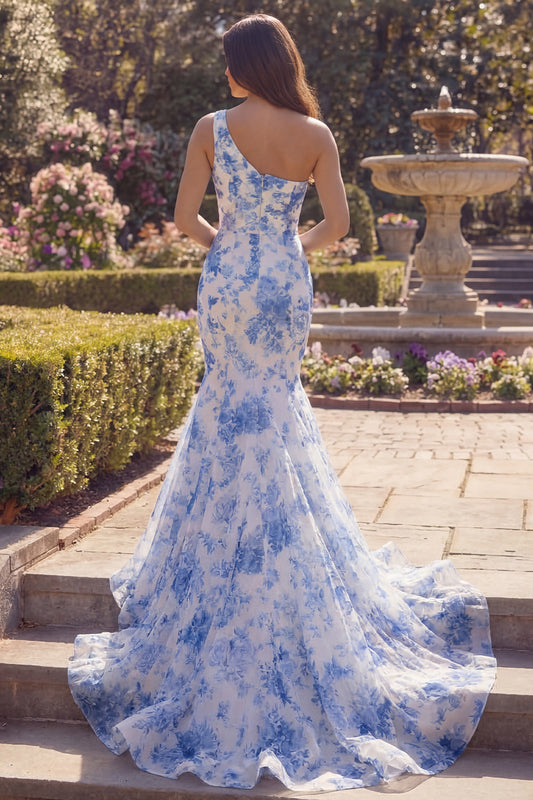 White Blue Flower Mermaid One Shoulder Long Prom Dress
