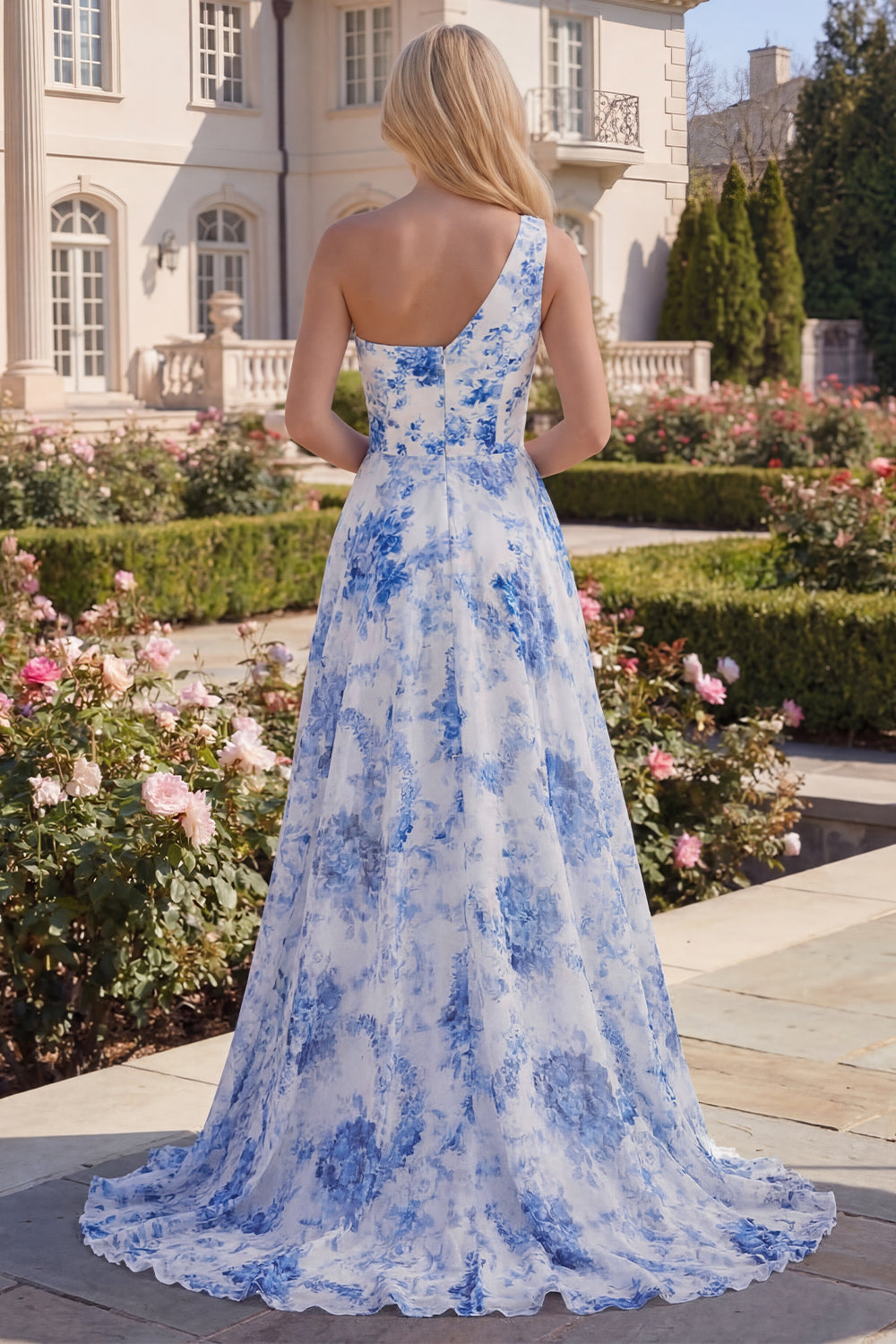 White Blue Flower A Line One Shoulder Long Prom Dress with Slit