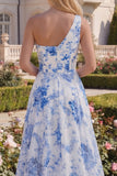 White Blue Flower A Line One Shoulder Long Prom Dress with Slit