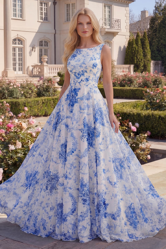 A Line Boat Neck White Blue Flower Long Prom Dress