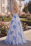 A Line Boat Neck White Blue Flower Long Prom Dress