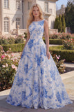 A Line Boat Neck White Blue Flower Long Prom Dress