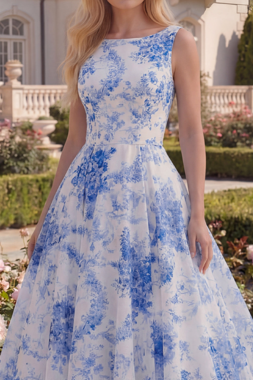 A Line Boat Neck White Blue Flower Long Prom Dress
