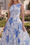 A Line Boat Neck White Blue Flower Long Prom Dress