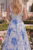 A Line Boat Neck White Blue Flower Long Prom Dress