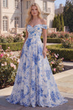 A Line White Blue Flower Long Off the Shoulder Prom Dress