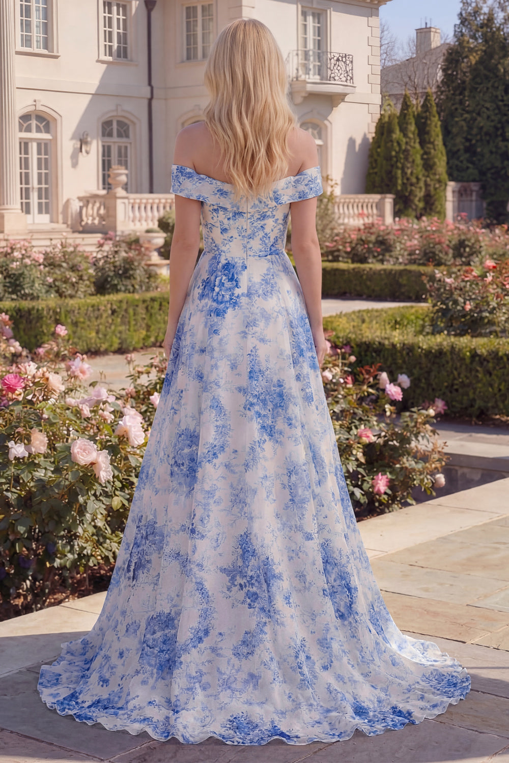 A Line White Blue Flower Long Off the Shoulder Prom Dress