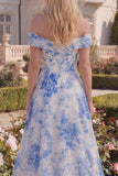 A Line White Blue Flower Long Off the Shoulder Prom Dress