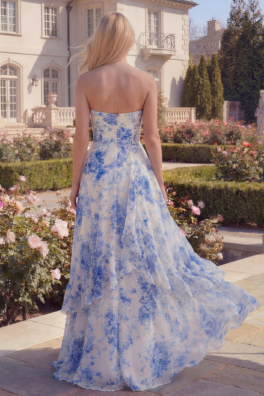White Blue Flower Long Strapless A Line Prom Dress with Ruffles