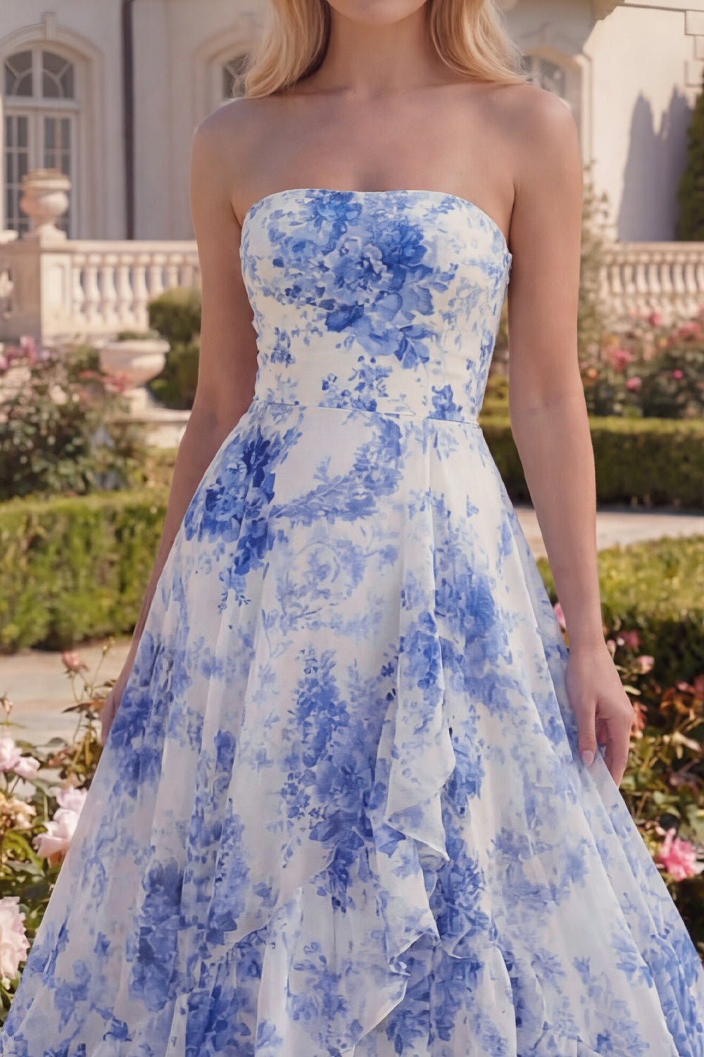 White Blue Flower Long Strapless A Line Prom Dress with Ruffles