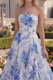 White Blue Flower Long Strapless A Line Prom Dress with Ruffles