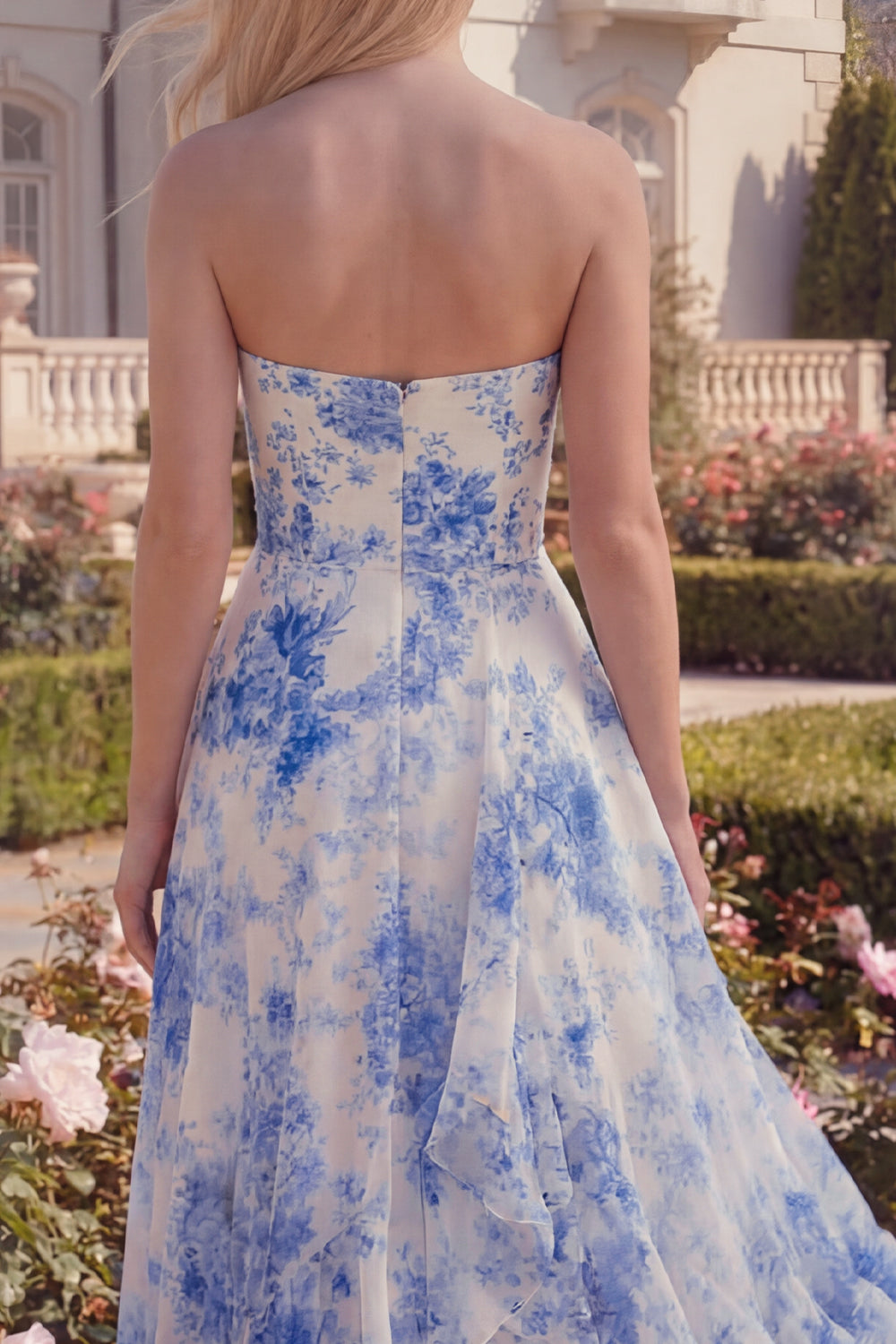 White Blue Flower Long Strapless A Line Prom Dress with Ruffles