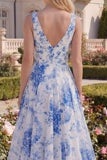 A Line V-Neck White Blue Flower Long Prom Dress