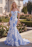White Blue Flower Mermaid Long Off the Shoulder Prom Dress