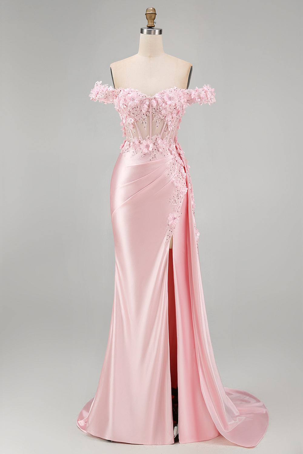 Floral Pink Corset Ruched Mermaid Long Prom Dress with Side Cape