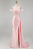 Floral Pink Corset Ruched Mermaid Long Prom Dress with Side Cape