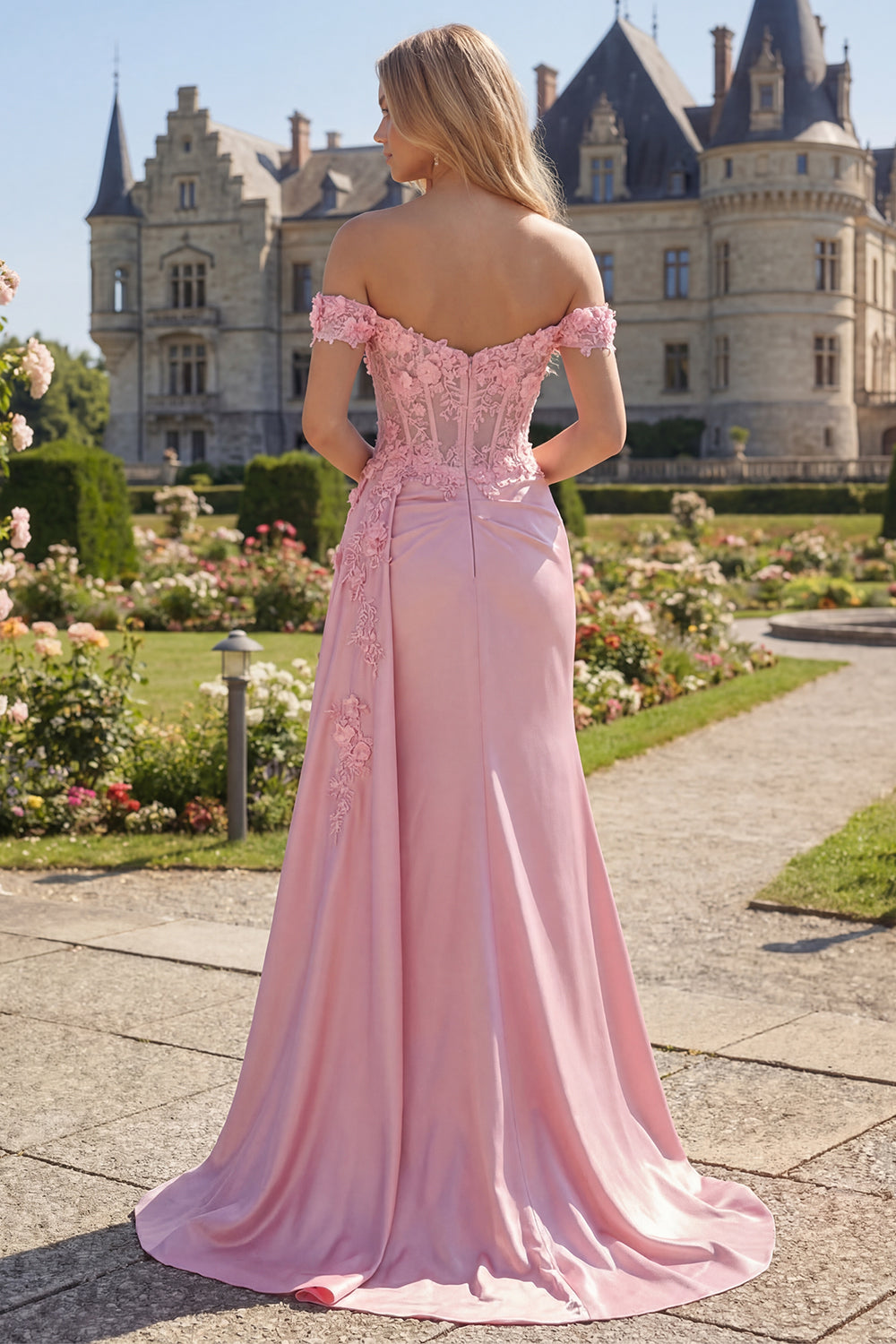 Floral Pink Corset Ruched Mermaid Long Prom Dress with Side Cape