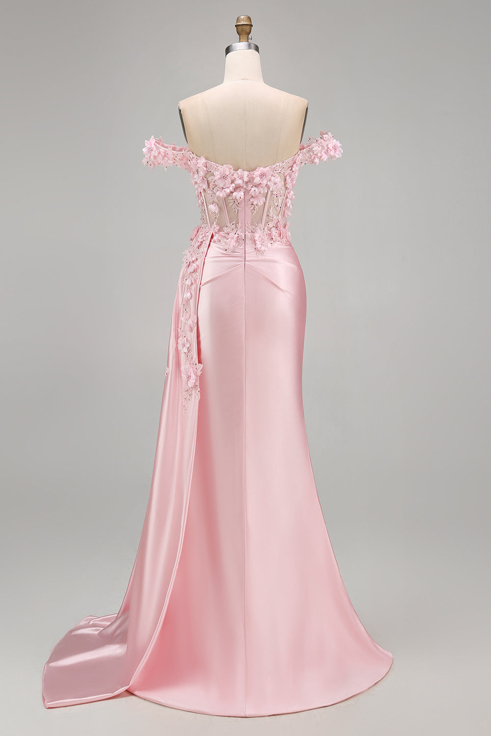 Floral Pink Corset Ruched Mermaid Long Prom Dress with Side Cape